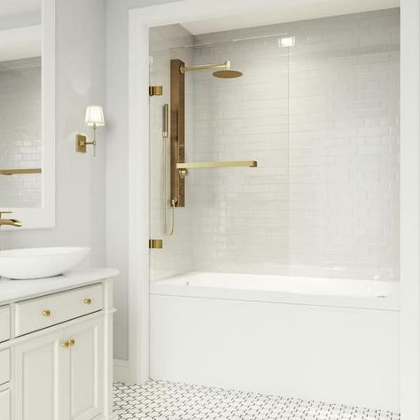 VIGO Rialto 34 in. x 58 in. Frameless Sliding Tub Door in Matte Gold VG6074MGCL3458 - The Home Depot Bathtub With Glass Door, Tub With Glass Door, Frameless Bathtub Doors, Glass Bathtub, Shower Door Seal, Bathtub Shower Doors, Glass Shower Doors Frameless, Bathtub Doors, Tub Doors