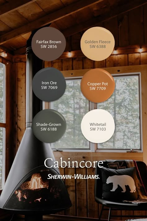 Behr Coordinating Paint Colors, Cabin Bedroom Paint Colors, Camping Color Pallete, Modern Cabin Color Palette, Log Cabin Color Palette, Livingrooms Design Ideas Colors, Cabincore Wallpaper, Cabin Color Schemes, Log Cabin Interior Paint Colors