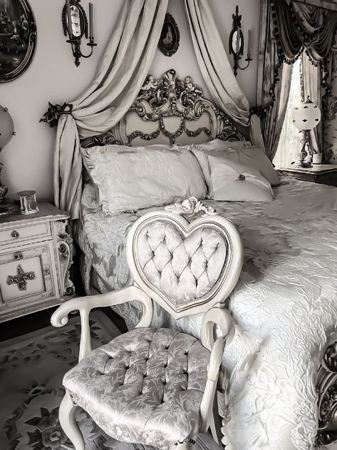 Coquette Goth Room, White Coquette Room, White Goth Aesthetic Home, White Gothic Bedroom, Gloomy Coquette Bedroom, Gloomy Coquette Room, Black And White Coquette, Goth Princess Aesthetic Room, White Goth Aesthetic