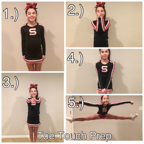 A tutorial of how to do a toe touch prep! stretch for cheer. #cheersqauds #stretch How To Do A Toe Touch Jump, How To Do Cheer Jumps, Cheer Skills Checklist, Stretches For Toe Touches Cheer, How To Do A High Kick Cheer, Cheer Tutorials, How To Make The Cheer Team, Toe Touch Stretches For Cheer, How To Do A Toe Touch