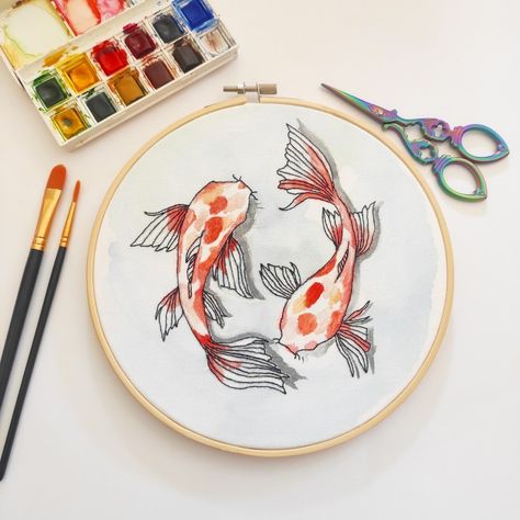 Koi Embroidery Patterns, Koi Embroidery, Koi Fish Embroidery, Koi Carp, Handmade Embroidery, Koi Fish, Carp, Embroidery Hoop, Fashion Sewing