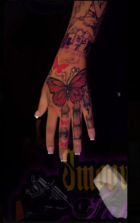 myiadabrat Butterfly Hand Tattoo, 16 Tattoo, Hand Tattoos For Girls, Cute Hand Tattoos, Hand And Finger Tattoos, Pretty Hand Tattoos, Neck Tattoos Women, Tattoos For Women Half Sleeve, 4 Tattoo