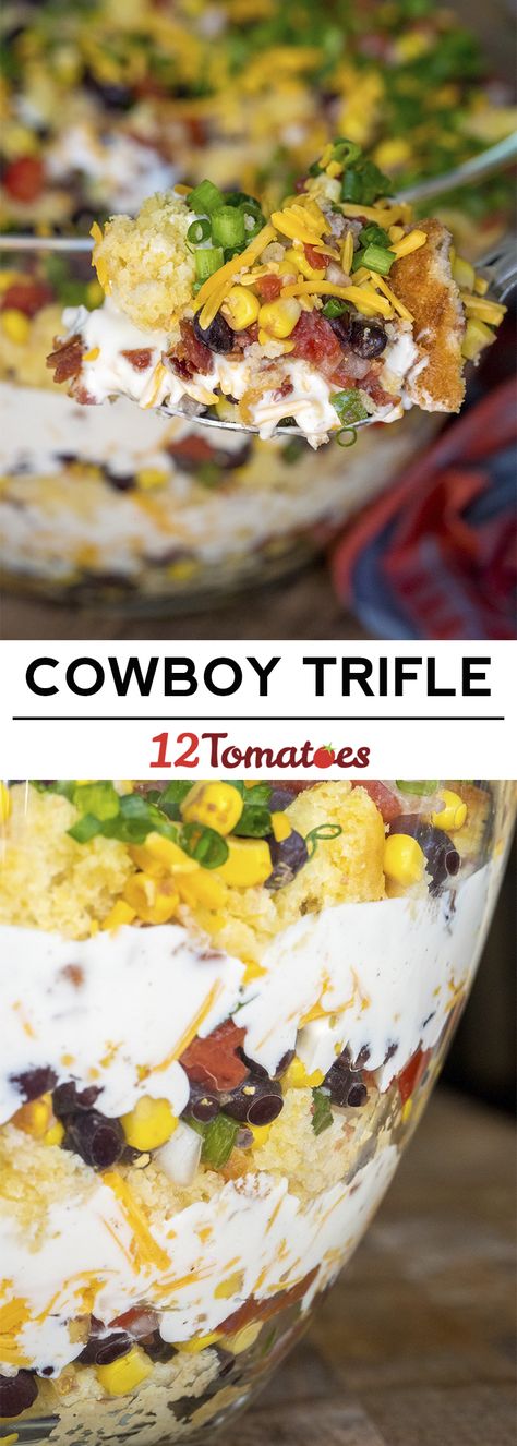 Cowboy Trifle side dish recipe ... Idea is similar to cornbread salad. Bunco Meals Ideas, Cowboy Cornbread, Party Side Dishes, Cornbread Salad, Trifle, Summer Salads, Delicious Salads, Soup And Salad, Perfect Party