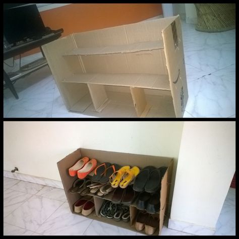 Shoe rack crafted out of an old shipping box ! Diy Shoe Rack Easy Cheap Cardboard, Diy Cardboard Shoe Rack, Cardboard Shoe Rack, Cardboard Box Storage, Cardboard Ideas, Recycle Cardboard Box, Cardboard Recycling, Diy Shoe Rack, Diy Shoe