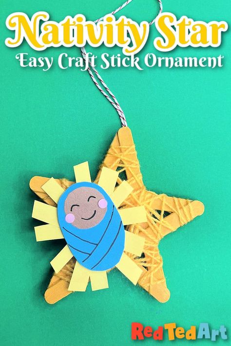 Popsicle Stick Nativity Star Ornament - Red Ted Art - Kids Crafts Popsicle Stick Nativity Ornaments, Christmas Star Preschool Crafts, Nativity Star Craft, Baby Jesus Ornament Craft, Star Of Bethlehem Craft, Popsicle Stick Nativity, Christmas Vbs, Ornament For Kids To Make, Kids Church Christmas