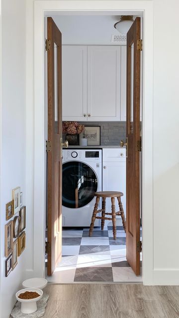 Custom Laundry Room Door, Swinging Laundry Door, Laundry French Doors, Zellige Tile Laundry Room, Laundry Room No Door, Laundry Room French Doors, Small Square Laundry Room Layout, Sliding Door Laundry Room, Table In Laundry Room