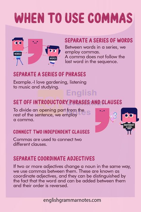 Comma | All About Commas In The English language – English Grammar Notes Where To Put Commas, When To Use Commas, Coordinate Adjectives, Why Learn Spanish, Literature Notes, Comma Rules, English Literature Notes, Grammar Notes, English Grammar Notes