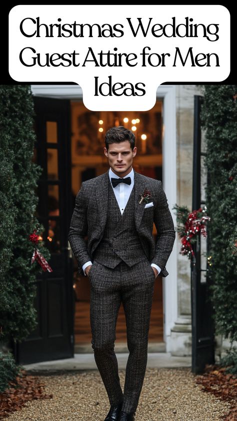 Stylish Christmas wedding guest attire ideas for men. Mens Winter Wedding Outfit, Mens Christmas Wedding Suits, Men’s Winter Wedding Attire, Winter Groom Suit, Christmas Wedding Attire, Mens Cocktail Attire Wedding Guest, Wedding Guest Attire For Men, Christmas Wedding Suits, Christmas Suits For Men