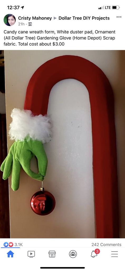 Grinch Arm With Ornament Diy, Grinch Arm With Ornament, Grinch Holding Ornament, Dollar Tree Candy Cane Wreath, Dollar Tree Candy Cane, Candy Cane Wreaths, Diy Grinch, Vintage Christmas Crafts, Candy Cane Wreath