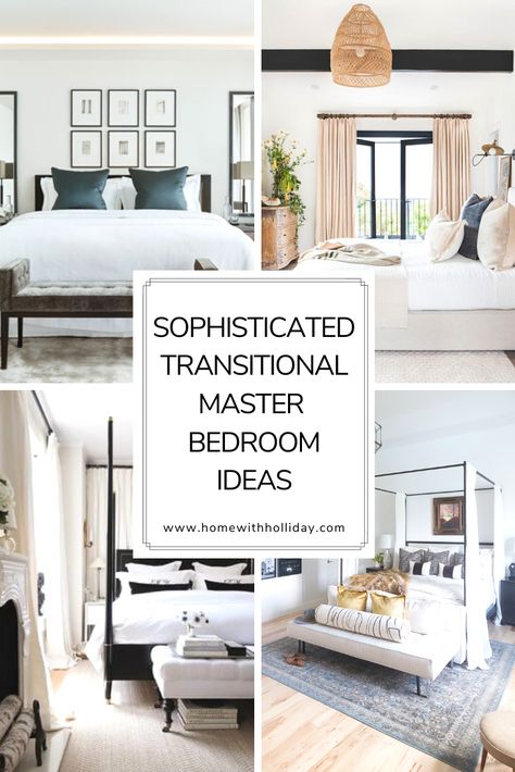 10 Sophisticated Transitional Master Bedroom Ideas. Create your perfect master bedroom with these design tips. Are you looking for more home design tips or home inspiration? Check out our Website: TheGulaHome.com or Pinterest: @TheGulaHome for more! #homedecor #homeinspiration bedroom ideas, bedroom interior design, bedroom goals, how to style a bedroom #bedroomgoals Master Primary Bedroom Decor, Primary Bedroom Ideas Modern Farmhouse, Primary Bedroom Ideas Transitional, Master Bedrooms Renovations, Serene Primary Bedroom, Master Bath Transitional Style, Transitional Bedding Ideas, Serene Master Bedrooms, Primary Bedroom Transitional