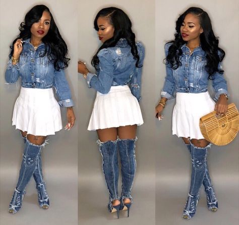 White And Denim Party Outfit, Denim And Pearls Party Ideas Outfit, Outfits With Denim Heels, Denim Looks For Black Women, Diamond And Denim Outfit, Denim Party Outfit For Women, Denim And Diamonds Outfit Ideas, Denim And White Outfits Party, Denim Boots Outfit Ideas