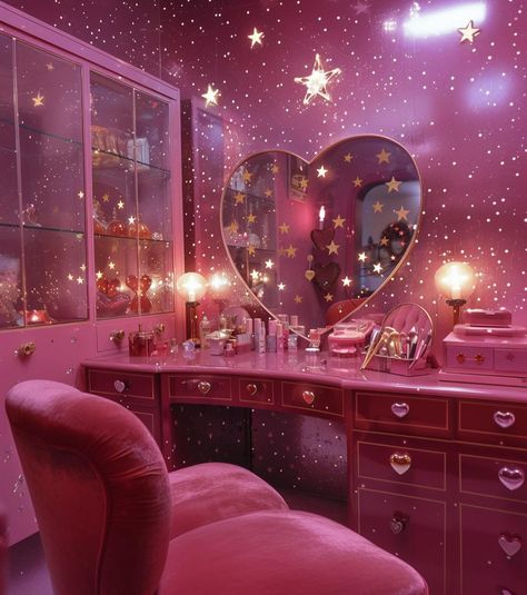 House Interior Funky, Vanity Aesthetic Decor, Y2k Aesthetic House, Pink Whimsigoth Aesthetic, Love Core Room, Y2k House Decor, Pink Vanity Aesthetic, Cute Studio Apartment Ideas, Barbie Aesthetic Room