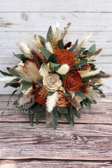 Rust, Terra Cotta, and Pampas Bouquet – Teton Wood Blooms Terra Cotta Wedding, Pampas Bouquet, Wood Roses, Fall Wedding Color Schemes, Rusting Wedding, Fall Barn Wedding, Wood Flower Bouquet, Green Centerpieces, Orange Bouquets