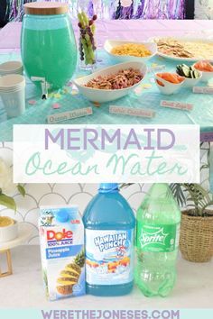 Ocean Water Recipe, Party Drink Ideas, Mermaid Birthday Party Food, Lila Party, The Joneses, Kid Decor, Mermaid Birthday Party Decorations, Mermaid Theme Birthday Party, Ocean Birthday