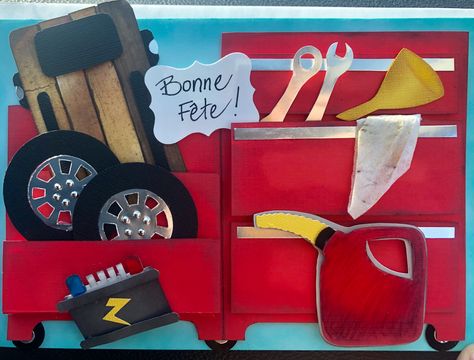 Birthday card for mechanic, red tool chest, red gas tank, tires, tools. Mechanics Birthday, Diy Mechanics, Men Cards, Homemade Birthday, Homemade Birthday Cards, Hand Made Greeting Cards, Mechanic Tools, Birthday Cards For Men, Tool Chest