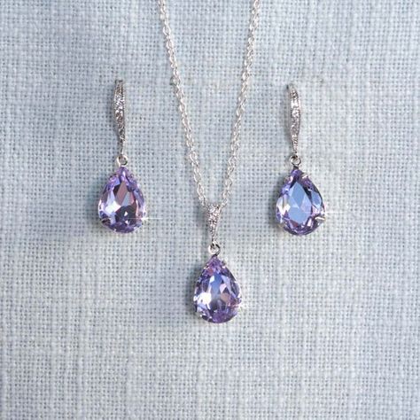 Handmade Small Swarovski Violet Pale Purple Teardrop Dangle Bridal Earrings, Necklace, Bracelet, Violet Set, Bridal, Wedding (Sparkle-2907) Bracelet Violet, Purple And Silver Wedding, Violet Earrings, Silver Jewlery, Purple Accessories, Special Occasion Jewelry, Fancy Jewellery Designs, Silver Wedding Jewelry, French Jewelry