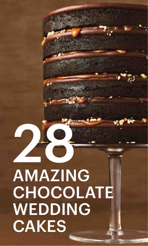 28 Chocolate Wedding Cake Ideas That Will Blow Your Guests' Minds | Martha Stewart Weddings - Who says wedding cake must be vanilla? With so many chocolate cake recipes ranging from dark to white, there are mounds of melt-in-your-mouth possibilities for serving the decadent dessert flavor on your big day. Here, our favorite recipes starring cocoa—whether in the batter or the frosting. Pass them to your baker or make them yourself for your pre-wedding events! Chocolate Wedding Cake Ideas, Chocolate Cake Wedding, Chocolate Wedding Cakes, Chocolate Cake Recipes, Chocolate Cake Designs, Chocolate Wedding, Wedding Cake Ideas, Wedding Chocolate, Wedding Cake Recipe