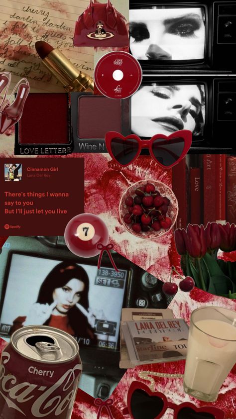 lana del rey aesthetic, red coquette, cherry cola, cinnamon girl, summertime sadness, bows, red heart sunglasses, vivienne westwood, viniles Red Lana Del Rey, Lana Del Rey Collage, Red Heart Sunglasses, Coquette Cherry, Red Coquette, Lana Del Rey Aesthetic, Rey Aesthetic, Cinnamon Girl, Aesthetic Red