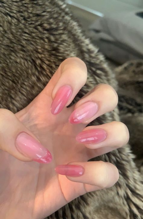 Pink gelly polish polly gel nails almond #pollygel #gellypolish #nails #almondnails Clear Nail Designs Almond Shape, Cute Gel Nail Designs Almond Shape, Pink Jelly Nails Acrylic Almond, Jelly Nails Acrylic Oval, Gelly Nail Polish, Oval Jelly Nails, Pink Acrylics Almond, Pastel Pink Nails Acrylic, Nails With Pink Dress