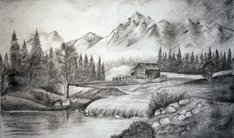 Landscape in pencil Mountain Landscape Drawing, Scenery Drawing Pencil, Pencil Sketches Landscape, Beautiful Scenery Drawing, Pencil Drawings Of Nature, Landscape Drawing Easy, Landscape Pencil Drawings, Drawing Scenery, Landscape Design Drawings