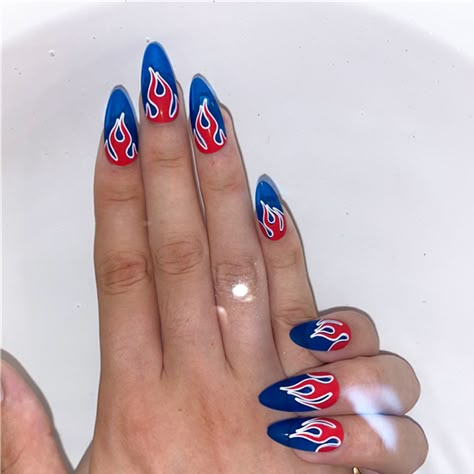 Flame themed nails  #Flame #nails Red White And Blue Flame Nails, Red And Blue Flame Nails, Nct Nails, Megan Nails, Flame Nails, America Nails, Themed Nails, Nail Art Techniques, Blue Flame