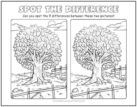 This free printable “Spot the Difference” picture puzzle featuring a stately shade tree will test your child’s powers of observation. The two scenes may seem to be identical at first, but upon closer inspection it’s evident that some details were changed. Have your child circle the differences in the left panel, and once he’s found all of them, the printable can double as a coloring page! Fall Spot The Difference, Spot The Difference Hard, Tree Colouring, Spot The Difference Printable, Find The Difference Pictures, Spot The Difference Puzzle, Word Puzzles For Kids, Brownie Guides, Hidden Picture Puzzles