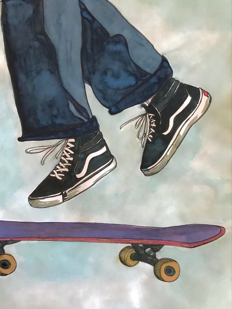 Van Drawing, Skater Art, Skate Boy, Skating Shoes, Fashion Drawing Sketches, Vans Skate, Skate Art, Skateboard Girl, Family Painting