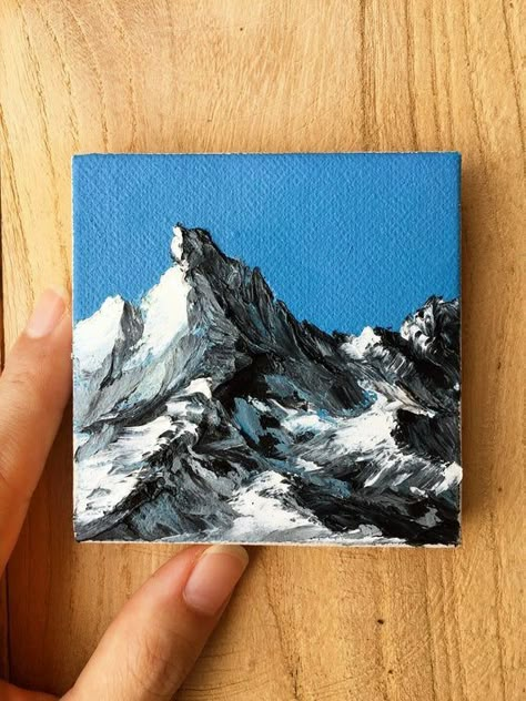 Miniature Canvas Painting, Snow Mountain Painting, Landscape Oil Paintings Mountain, Landscape Oil Paintings Trees, Mountain Oil Painting, Art Mini Toile, Landscape Winter, Minimalist Winter, Oil Painting Nature