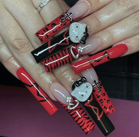 Y2k Punk Nails, Long Alt Nails, Y2k Nails Acrylic Hello Kitty, Scene Acrylic Nails, Red And Black Y2k Nails, Y2k Halloween Nails, Snooki Nails, Nails Y2k Long, Y2k Nails Long