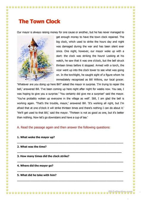 Read the story. Then check your understanding by answering thr questions. 3rd Grade Reading Comprehension Worksheets, Unseen Passage, Clock Town, Esl Reading Comprehension, 2nd Grade Reading Worksheets, Reading Comprehension Texts, 2nd Grade Reading Comprehension, First Grade Reading Comprehension, Reading Comprehension For Kids