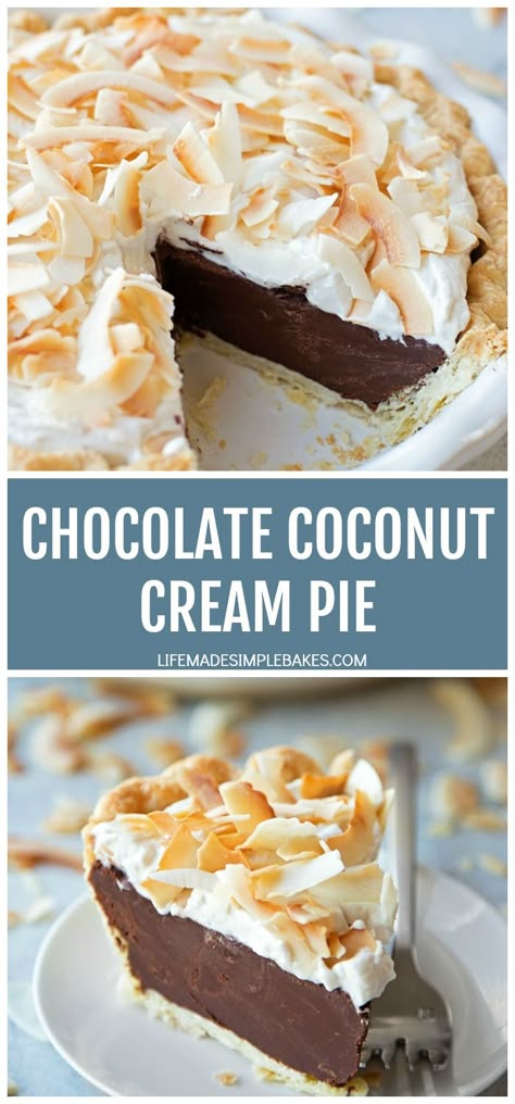 This rich and decadent chocolate coconut cream pie is bound to be a hit! It has a flaky crust, a rich, dense chocolate coconut filling, and a sweet coconut cream topping + toasted coconut. It's absolutely dreamy! #chocolatecoconutcreampie #coconutcreampie #chocolatecreampie #creampie Chocolate Coconut Cream Pie, Sugar Cream Pie Recipe, Blueberry Cream Pies, Sugar Cream Pie, Banana Cream Pie Recipe, Coconut Filling, Coconut Cream Pie Recipes, Boston Cream Pie, Coconut Pie