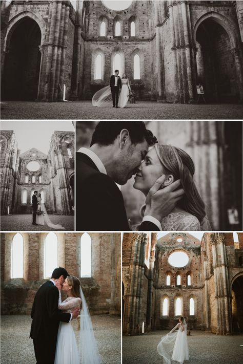 bride and groom eloping in san galgano abbey, tuscany, italy San Galgano Abbey Wedding, Italian Elopement, Abbey Wedding, Photography Italy, Breathtaking Scenery, Elopement Planning, Wedding Intimate, Couples Walking, Sustainable Wedding