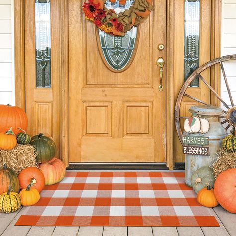 Buffalo Plaid Rug, Fall Door Mat, Porche Halloween, Entryway Farmhouse, Outdoor Entrance, Plaid Rug, Fall Doormat, Porch Rug, Halloween Door Mat