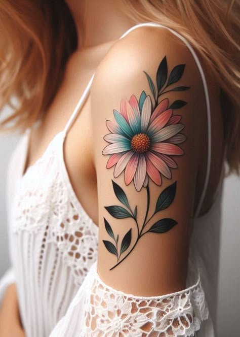 Birth Flower Tattoo Bliss: Stunning Designs | Pocoko Birth Flower Tattoos On Shoulder, Shoulder Daisy Tattoo, April Daisy Flower Tattoo, April Birth Flower Tattoo Daisies, Watercolor Daisy Tattoo, Gerber Daisy Tattoo, Gerbera Daisy Tattoo, Daisy Chain Tattoo, Daisy Tattoos