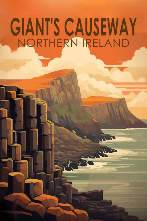 Retro art poster of Giant's Causeway showcasing its geological marvel and mythical beauty. Vintage Irish Posters, Irish Poster, Ireland Poster, Bar Posters, Northern Ireland Travel, Giants Causeway, Giant's Causeway, Basalt Columns, Travel Ireland