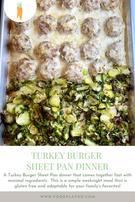 5 ingredient Turkey Burgers that you can turn into a sheet pan meal! This is a simple weeknight meal that is gluten free and adaptable for your family’s favorites! Healthy Turkey Burger Meals, Sheet Pan Turkey Burgers, Loaded Burger Sweet Potato Sheet Pan, Turkey Burger Sweet Potato Recipes, Sheet Pan Turkey, Skinnytaste Turkey Burger, Gluten Free Potatoes, Turkey Burger, Turkey Burgers