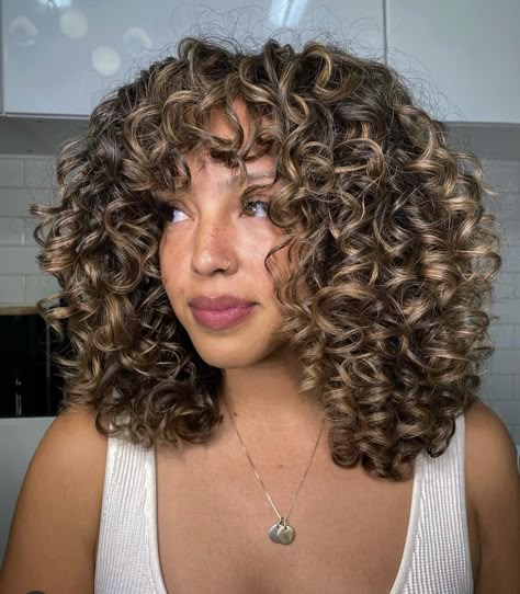 Accent Highlights Curly Hair, Short Curly Brunette Hair With Highlights, Highlights Brown Hair Short Curly, Blonde Highlights Short Curly Hair, Spring Curly Hair Color, Sunkissed Highlights Curly Hair, Dimensional Curly Hair, Sunkissed Hair Brunette Curly, Sunkissed Curly Hair