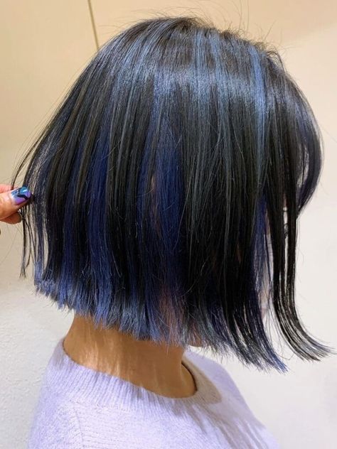 Blue Sombre for Bob Black Hair Highlights Ideas, Black Hair Highlights, Blue Hair Streaks, Hair Highlights Ideas, Blonde Peekaboo Highlights, Blue Hair Highlights, Ideas For Black Hair, Long Hair Highlights, Short Hair Highlights