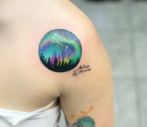 Aurora boralis tattoo by Andrea Morales Aurora Borealis Tattoo Watercolor, Aurora Lights Tattoo, Small Northern Lights Tattoo, Aurora Tattoo Northern Lights, Aurora Borealis Tattoos, Stars Sky Tattoo, Northern Lights Tattoos, Orion Tattoo Ideas, Aurora Tattoo Ideas