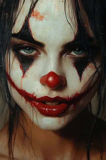 ↑↑↑ Larger size on website 🔸 A woman with dark hair is wearing clown makeup, including white face paint, red lipstick, a red nose Scary Clown Makeup Creepy Teeth, Scary Eye Makeup Halloween, Clown Face Paint For Women, Scary Black And White Clown Makeup, Scary Clown Face Makeup, Scary Clown Make Up For Kids, Halloween Makeup Black Eyes, Glamour Clown Makeup, Womans Scary Clown Makeup