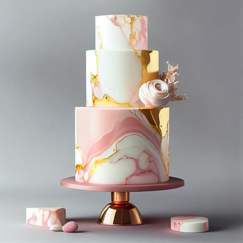 Pink And White Marble Cake, Marble Cake Design, Pink Tiered Cake, Wedding Cake Flavors Combinations, Wedding Cake Marble, Pink Gold Cake, Pink Gold Marble, Mountain Cake, Modern Birthday Cakes