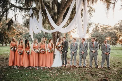 Terracotta Bridesmaid Dresses Real Weddings | Birdy Grey Terracotta Bridesmaid Dresses, Gray Wedding Party, Terracotta Bridesmaid, September Wedding Colors, Grey Wedding Decor, Grey Wedding Theme, Grey Weddings, Bridal Parties Colors, Orange Wedding Colors