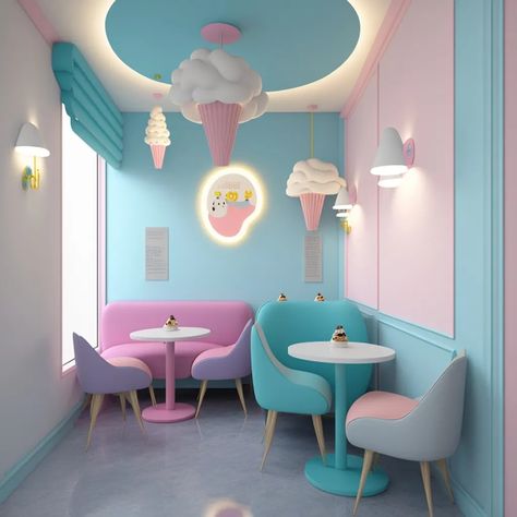 Candy Interior Design, Pastel Salon Decor, Heladerias Ideas Decoracion, Ice Cream Shop Interior Design, Aesthetic Cafe Interior, Pastel Cafe, Colorful Cafe, Candy Room, Bakery Design Interior