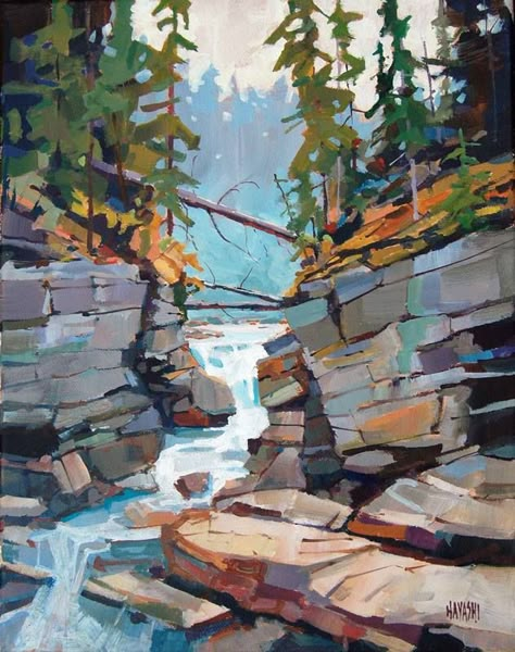 Painting by Canadian artist Randy Hayashi (born 1968): "Maligne Canyon" Randy Hayashi, Arte Peculiar, Canadian Art, Canadian Artists, Tree Art, Watercolor Landscape, Art Techniques, Abstract Landscape, 그림 그리기