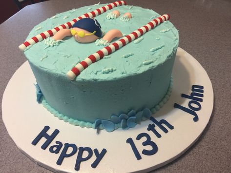 Competitive swimmer made of buttercream icing and fondant characters. Swimmer Cake, Swimming Cake, Fondant Butterfly, Buttercream Icing, 9th Birthday, Butter Cream, Fondant, Birthday Cake, Cake