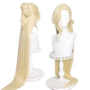 SL Blonde Wig with Bangs for La Signora Cosplay Wig Anime Women Long Straight Golden Hair Wig with 2 Buns Bangs + Cap Fluffy Spiky Hair, Yoimiya Cosplay, Ponytail Bangs, Green Wig, Spiky Hair, Golden Hair, White Face, Costume Wigs, Blonde Wig