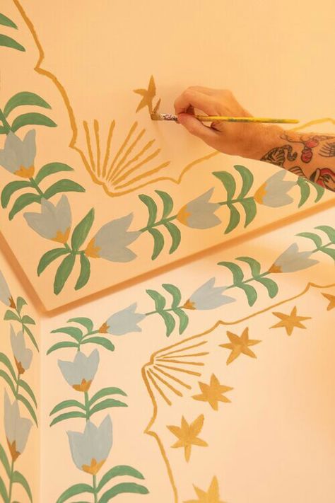 Easy Murals To Paint, Wall Murals Painted Bedrooms, Staircase Mural, Greenhouse Studio, Room Murals, House Design Interior, Folk Decor, Door Mural, Paint Inspo