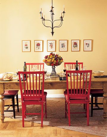 Like the idea of painting my eat-in kitchen table chairs a deep red and leaving the table plain wood to coordinate with my old olive, burgundy and brown Persian rug from Target. Ideas, ideas... Eat In Kitchen Table, Red Dining Chairs, Red Chairs, Red Dining Room, Kitchen Table Chairs, Interior Color Schemes, Black Dining Room, Red Home Decor, Red Chair