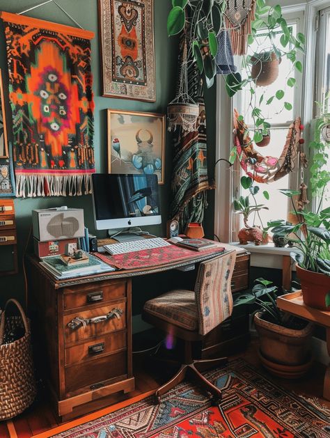 11 Astonishing Boho Home Office Concepts That Will Spark Your Creativity Boho Home Office Ideas, Bohemian Home Office, Boho Home Office, Bedroom Guide, Office Concept, Boho Office, Colorful Bohemian, Wallpaper Walls Decor, Home Office Ideas