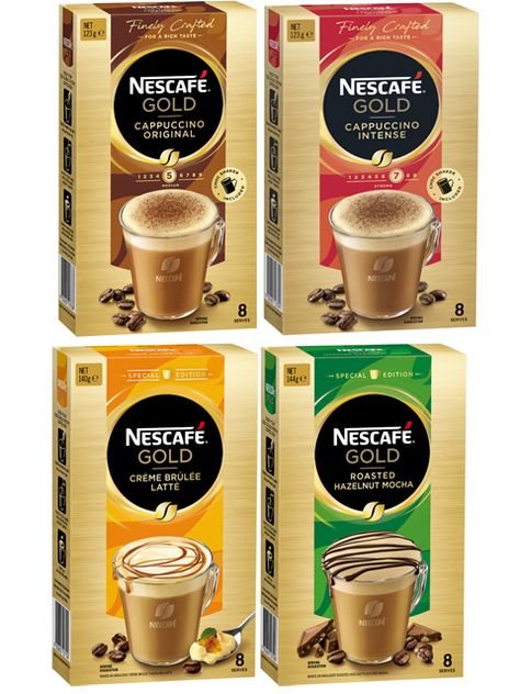 NESCAFÉ Gold Range Packs Coffee Sachet, Nescafe Gold, Noodles Ideas, Best Freeze Dried Food, Nescafe Coffee, Coffee Sachets, Italian Gourmet, Gold Drinks, Tea Packaging Design